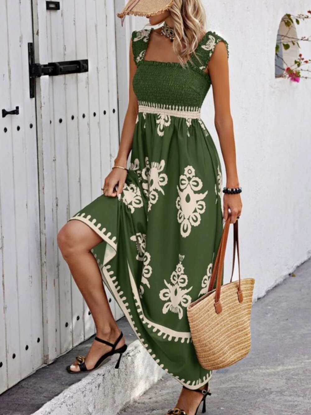 Forest Green Maxi Dress with Ivory Embroidered Motif